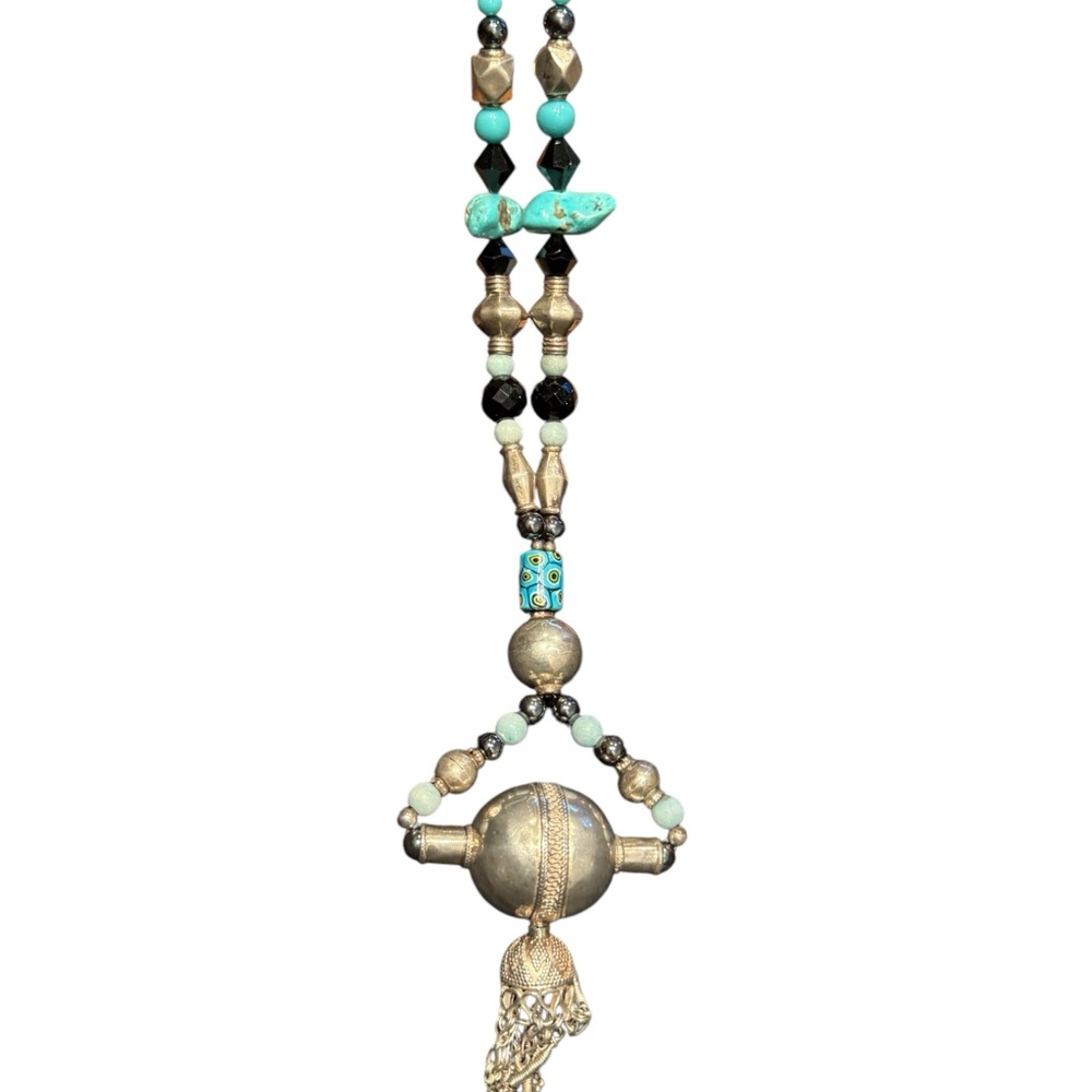 Vintage China Export Bohemian Beaded Necklace Turquoise Silver Sterling Accents